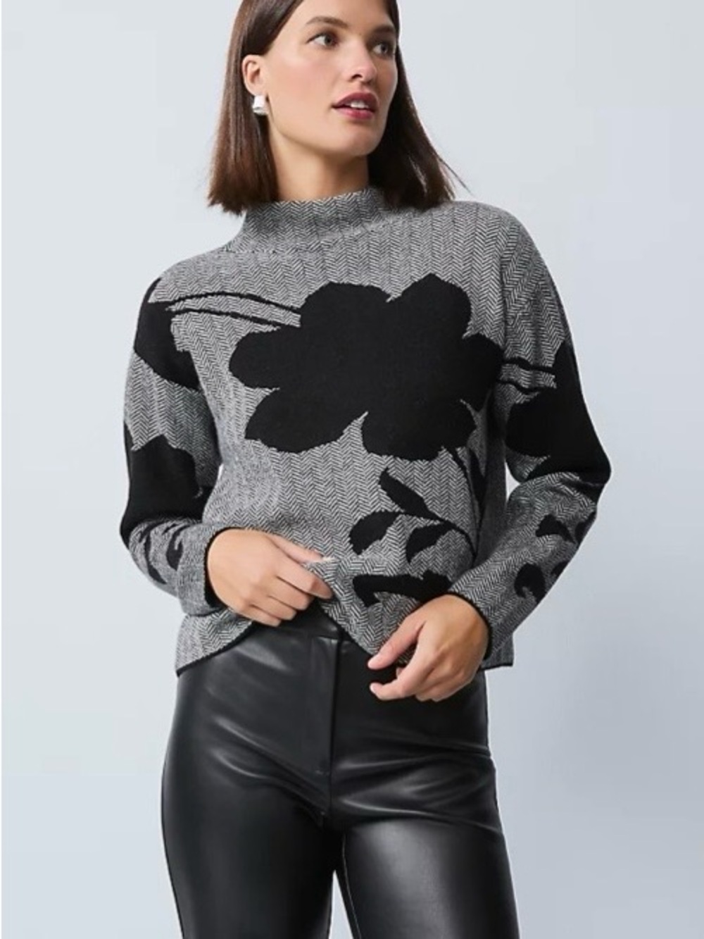 Ann Taylor Gray and Black Floral Mock Neck Sweater